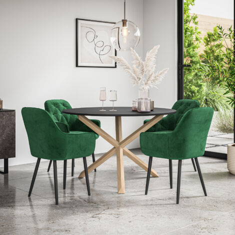 Malvern Round Dining Table And Chairs - Black Table Top w Solid Oak Legs + Anika Velvet Dining Chair Set Of 4 (Green) (1/5)