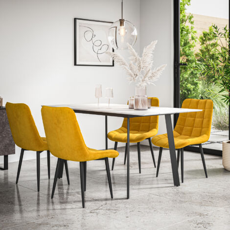 Haydon Extending Dining Table + Chairs- White Marble Effect Table Top w Black Legs + Nova Velvet Dining Chair Set Of 4 (Mustard) (1/5)