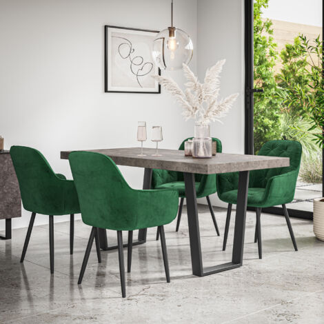 Aria Dining Table And Chairs - Grey Table Top w Black Legs + Anika Velvet Dining Chair Set Of 4 (Green) (1/5)