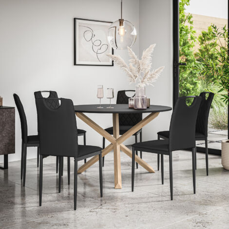 Malvern Round Dining Table And Chairs - Black Table Top w Solid Oak Legs + Monza Faux Leather Dining Chair Set Of 6 (Black) (1/5)