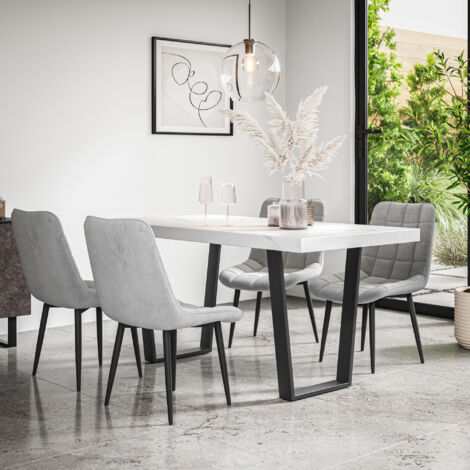 Aria Dining Table And Chairs - White Marble Effect Table Top w Black Legs + Nova Velvet Dining Chair Set Of 4 (Grey) (1/5)