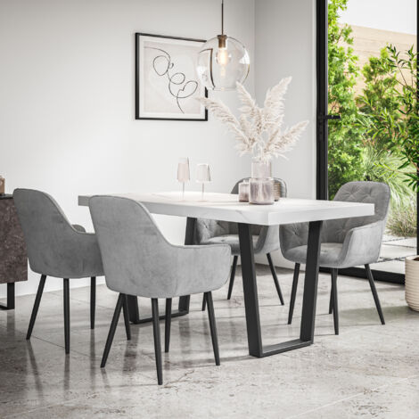 Aria Dining Table And Chairs - White Marble Effect Table Top w Black Legs + Anika Velvet Dining Chair Set Of 4 (Grey) (1/5)