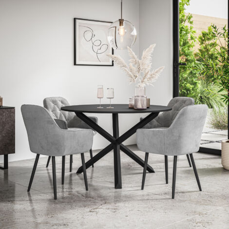 Malvern Round Dining Table And Chairs - Black Table Top w Solid Black Oak Legs + Anika Velvet Dining Chair Set Of 4 (Grey) (1/5)