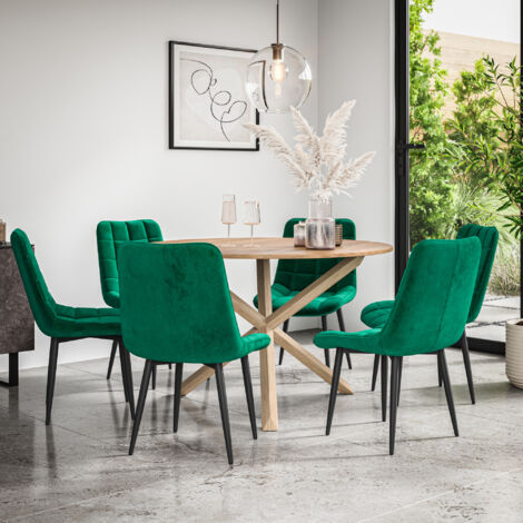 Malvern Round Dining Table And Chairs -  Oak Table Top w Solid Oak Legs + Nova Velvet Dining Chair Set Of 6 (Green)