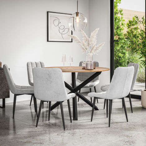 Malvern Round Dining Table And Chairs - Oak Table Top w Solid Black Oak Legs + Nova Velvet Dining Chair Set Of 6 (Grey) (1/5)