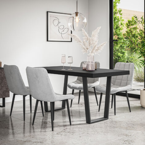 Aria Dining Table And Chairs - Black Table Top w Black Legs + Nova Velvet Dining Chair Set Of 4 (Grey) (1/5)