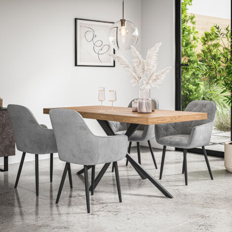 Donni Dining Table And Chairs - Oak Effect Table Top w Black Legs + Anika Velvet Dining Chair Set Of 6 (Grey) (1/5)