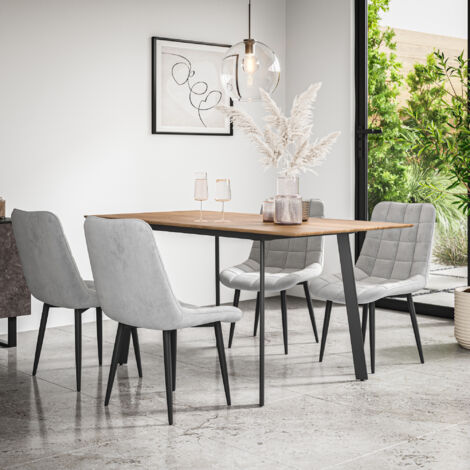 Haydon Extending Dining Table + Chairs- Oak Effect Table Top w Black Legs + Nova Velvet Dining Chair Set Of 4 (Grey) (1/5)