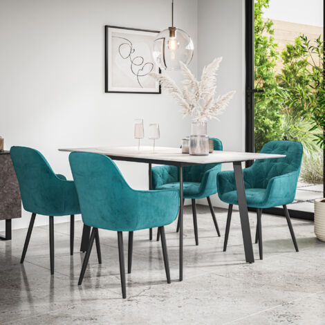 Haydon Extending Dining Table + Chairs- White Marble Effect Table Top w Black Legs + Anika Velvet Dining Chair Set Of 6 (Blue) (1/5)