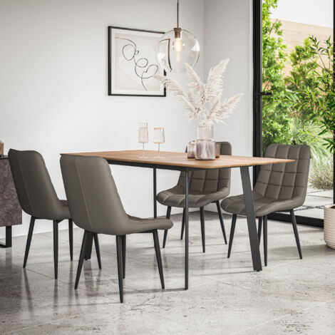Haydon Extending Dining Table + Chairs- Oak Effect Table Top w Black Legs + Nova Faux Leather Dining Chair Set Of 4 (Grey) (1/5)