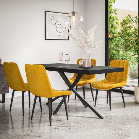 Donni Dining Table And Chairs -  Black Table Top w Black Legs + Nova Velvet Dining Chair Set Of 6 (Mustard) (1/5)