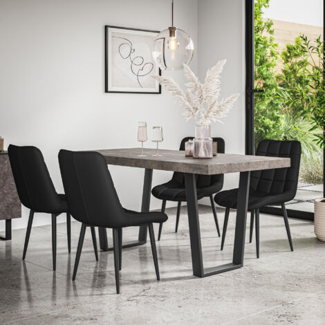 Aria Dining Table And Chairs -  Oak Effect Table Top w Black Legs + Nova Velvet Dining Chair Set Of 6 (Blue)