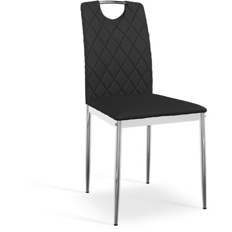 Aria Dining Table And Chairs -  Grey Table Top w Chrome Legs + Monza Faux Leather Dining Chair w Chrome Legs Set Of 4 (Black)