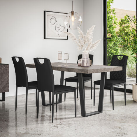 Aria Dining Table And Chairs -  Grey Table Top w Black Legs + Monza Faux Leather Dining Chair Set Of 6 (Black)