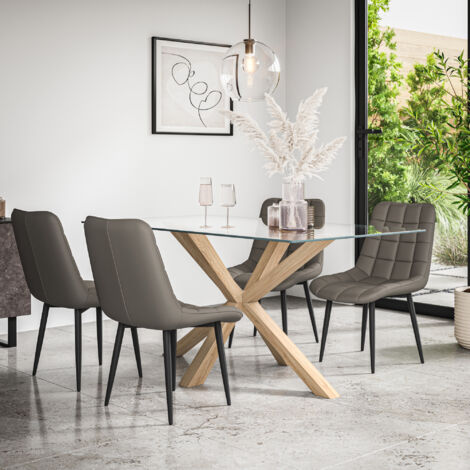 Etta Glass Dining Table And Chairs - Glass Top w Solid Oak Legs + Nova Faux Leather Dining Chair Set Of 6 (Grey) (1/5)