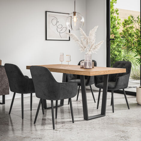 Aria Dining Table And Chairs - Oak Effect Table Top w Black Legs + Anika Velvet Dining Chair Set Of 4 (Black) (1/5)
