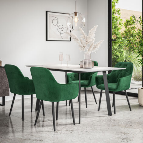 Haydon Extending Dining Table + Chairs- White Marble Effect Table Top w Black Legs + Anika Velvet Dining Chair Set Of 6 (Green) (1/5)