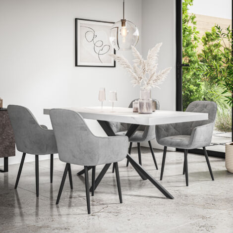 Donni Dining Table And Chairs -  White Marble Effect Table Top w Black Legs + Anika Velvet Dining Chair Set Of 4 (Grey) (1/5)
