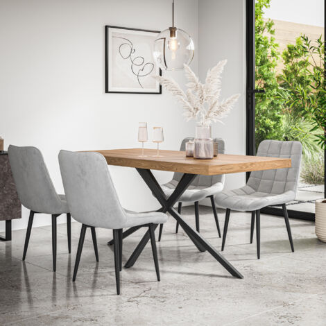 Donni Dining Table And Chairs - Oak Effect Table Top w Black Legs + Nova Velvet Dining Chair Set Of 4 (Grey) (1/5)