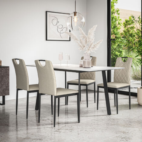 Haydon Extending Dining Table + Chairs- White Marble Effect Table Top w Black Legs + Monza Linen Dining Chair Set Of 6 (Beige)