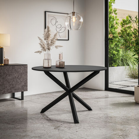 Malvern Round Dining Table Black Table Top w Solid Black Oak Legs