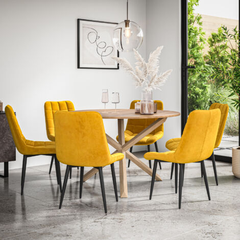 Malvern Round Dining Table And Chairs -  Oak Table Top w Solid Oak Legs + Nova Velvet Dining Chair Set Of 6 (Mustard)