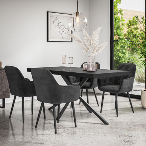 Donni Dining Table And Chairs - Black Table Top w Black Legs + Anika Velvet Dining Chair Set Of 4 (Black) (1/5)