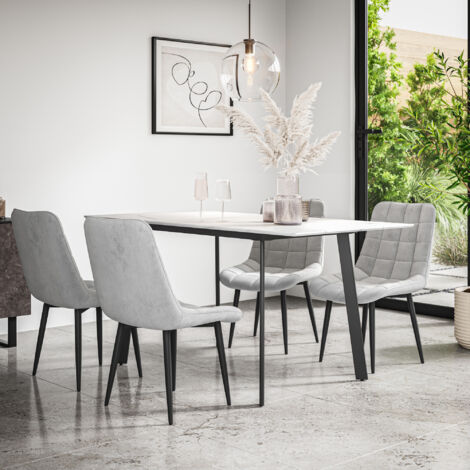 Haydon Extending Dining Table + Chairs- White Marble Effect Table Top w Black Legs + Nova Velvet Dining Chair Set Of 4 (Grey) (1/5)