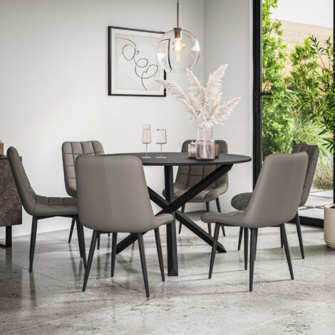 Malvern Round Dining Table And Chairs - Black Table Top w Solid Black Oak Legs + Nova Faux Leather Dining Chair Set Of 6 (Grey) (1/5)