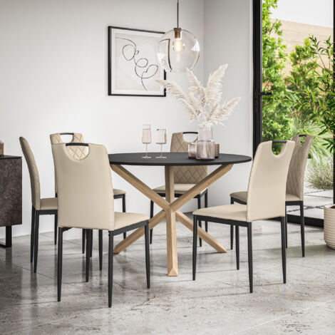 Malvern Round Dining Table And Chairs -  Black Table Top w Solid Oak Legs + Monza Faux Leather Dining Chair Set Of 6 (Beige) (1/5)