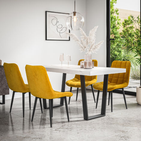 Aria Dining Table And Chairs -  White Marble Effect Table Top w Black Legs + Nova Velvet Dining Chair Set Of 6 (Mustard) (1/5)