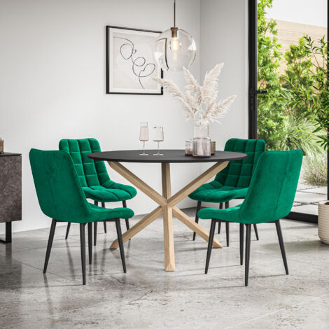 Malvern Round Dining Table And Chairs -  Black Table Top w Solid Oak Legs + Nova Velvet Dining Chair Set Of 4 (Green)