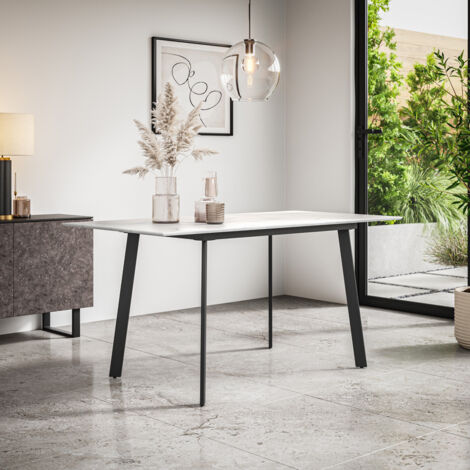 Haydon Extending Dining Table Modern White Marble Effect Table Top w Black Legs (1/5)