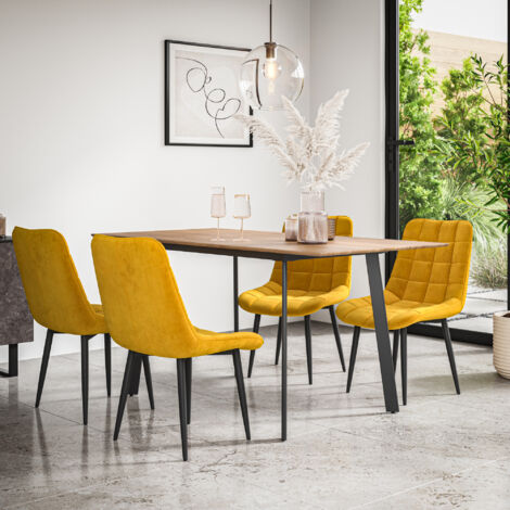 Haydon Extending Dining Table + Chairs- Oak Effect Table Top w Black Legs + Nova Velvet Dining Chair Set Of 6 (Mustard)