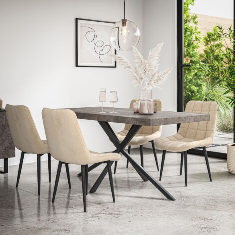 Donni Dining Table And Chairs -  Grey Table Top w Black Legs + Nova Velvet Dining Chair Set Of 4 (Beige)