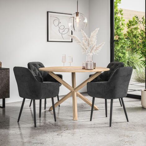 Malvern Round Dining Table And Chairs - Oak Table Top w Solid Oak Legs + Anika Velvet Dining Chair Set Of 4 (Black) (1/5)