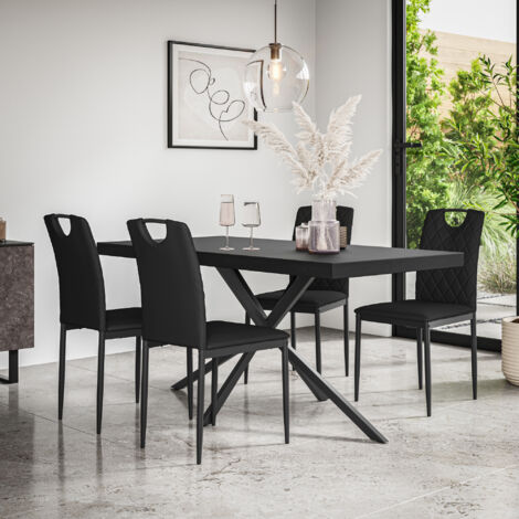 Donni Dining Table And Chairs - Black Table Top w Black Legs + Monza Faux Leather Dining Chair Set Of 6 (Black) (1/5)