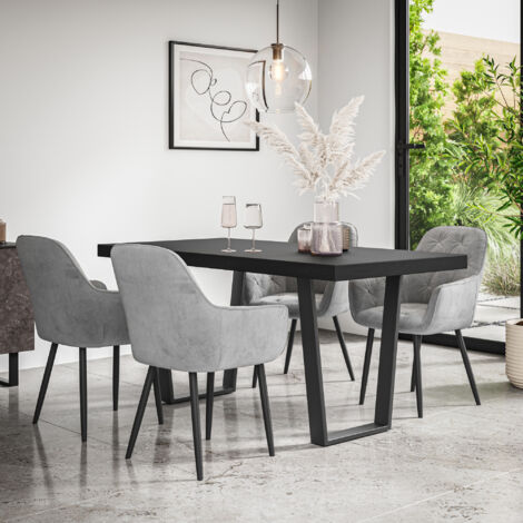 Aria Dining Table And Chairs - Black Table Top w Black Legs + Anika Velvet Dining Chair Set Of 6 (Grey) (1/5)