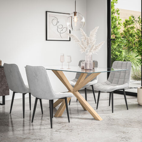 Etta Glass Dining Table And Chairs - Glass Top w Solid Oak Legs + Nova Velvet Dining Chair Set Of 6 (Grey) (1/5)