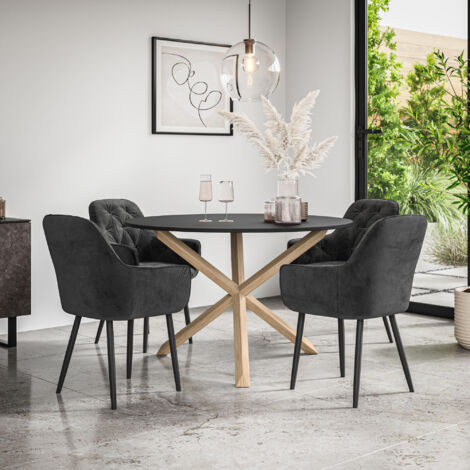 Malvern Round Dining Table And Chairs - Black Table Top w Solid Oak Legs + Anika Velvet Dining Chair Set Of 4 (Black) (1/5)