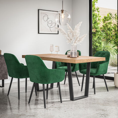 Aria Dining Table And Chairs -  Oak Effect Table Top w Black Legs + Anika Velvet Dining Chair Set Of 4 (Green) (1/5)