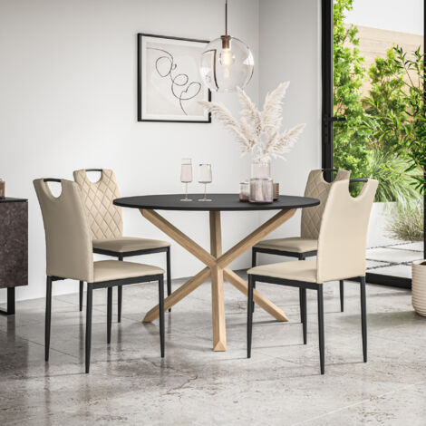 Malvern Round Dining Table And Chairs -  Black Table Top w Solid Oak Legs + Monza Faux Leather Dining Chair Set Of 4 (Beige) (1/5)