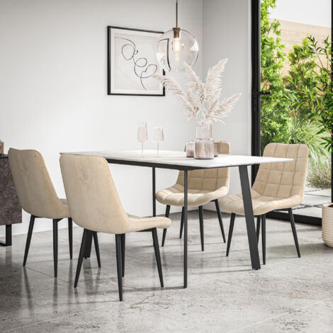 Haydon Extending Dining Table + Chairs- White Marble Effect Table Top w Black Legs + Nova Velvet Dining Chair Set Of 4 (Beige) (1/5)