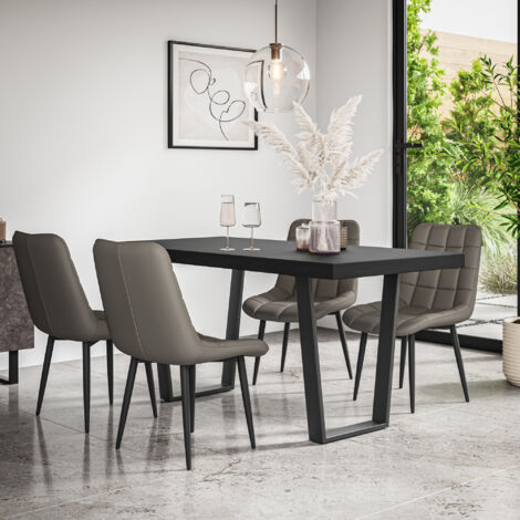 Aria Dining Table And Chairs - Black Table Top w Black Legs + Nova Faux Leather Dining Chair Set Of 6 (Grey) (1/5)