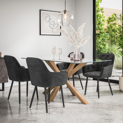 Etta Glass Dining Table And Chairs - Glass Top w Solid Oak Legs + Anika Velvet Dining Chair Set Of 6 (Black) (1/5)