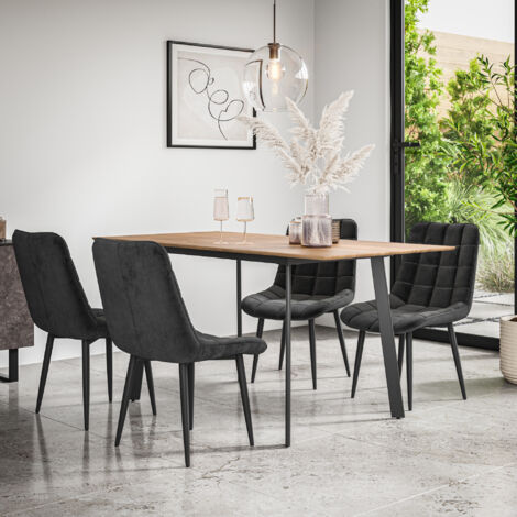 Haydon Extending Dining Table + Chairs- Oak Effect Table Top w Black Legs + Nova Velvet Dining Chair Set Of 6 (Black)