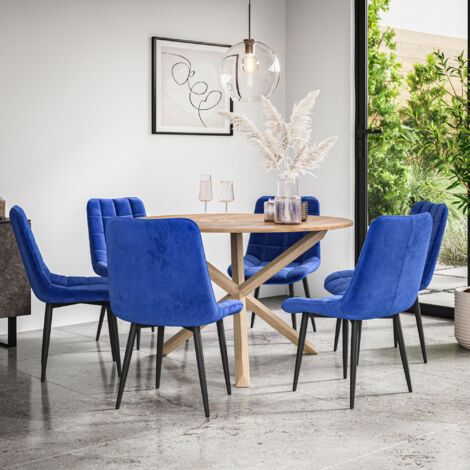 Malvern Round Dining Table And Chairs -  Oak Table Top w Solid Oak Legs + Nova Velvet Dining Chair Set Of 6 (Blue)
