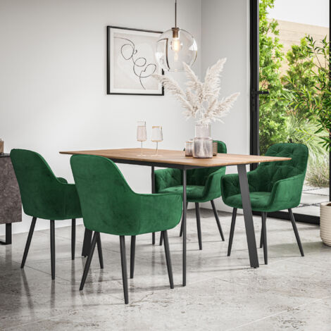 Haydon Extending Dining Table And Chairs - Oak Effect Table Top w Black Legs + Anika Velvet Dining Chair Set Of 6 (Green) (1/5)