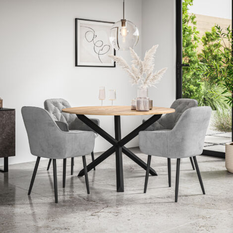 Malvern Round Dining Table And Chairs - Oak Table Top w Solid Black Oak Legs + Anika Velvet Dining Chair Set Of 4 (Grey) (1/5)