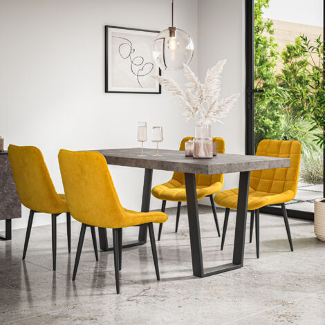 Aria Dining Table And Chairs -  Grey Table Top w Black Legs + Nova Velvet Dining Chair Set Of 4 (Mustard)